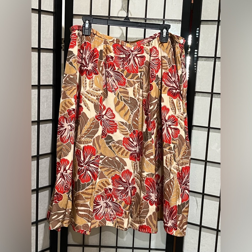 HARVE BENARD A-Line Midi Skirt — Red & Tan Hibiscus Print SILK COLLECTION 18W - Picture 3 of 9